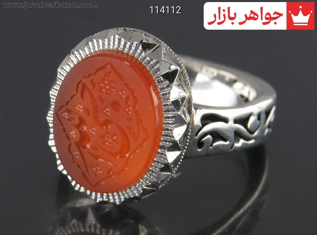 انگشتر نقره عقیق یمنی نارنجی خاک تربت مردانه دست ساز به همراه حرز امام جواد [حسبی الله]